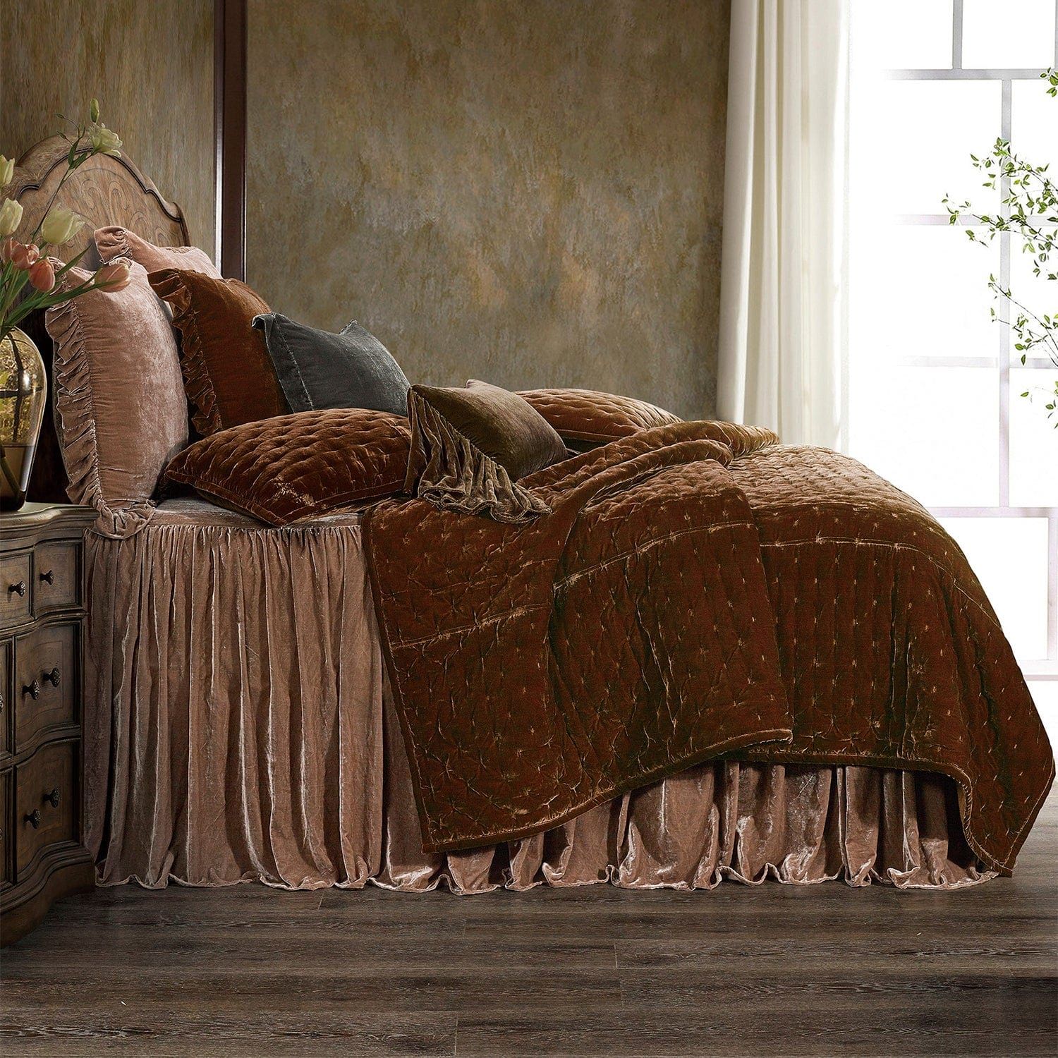Stella - Queen Faux Silk Velvet Bedspread Set (Set of 3) - Dusty Rose