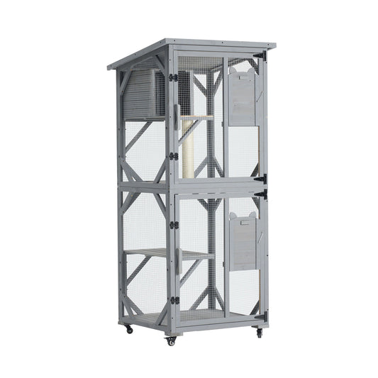 Large Cat House Outdoor Catio Cat Enclosures On Wheels, Kitty House With Upgraded Resting Box Waterproof Roof - Gray