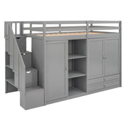 Loft Bed With 3 Shelves, 2 Wardrobes, 2 Drawers, Ladder Storage