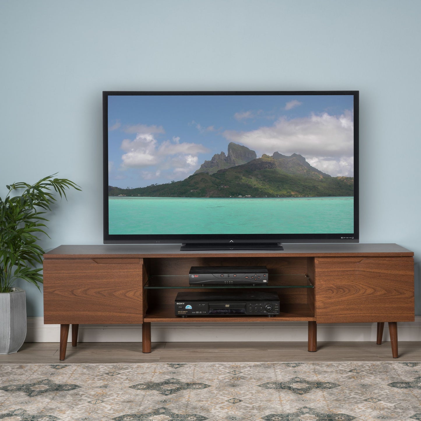 Modern TV Stand With Storage, Tempered Glass Shelf - Walnut