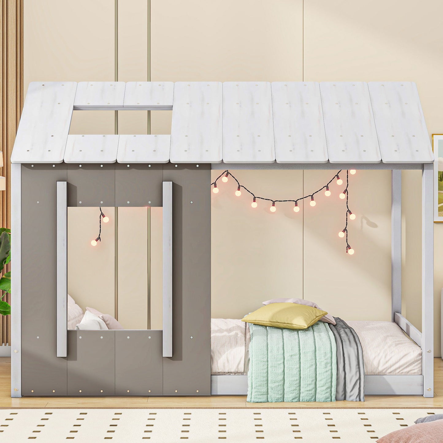 Twin Size House Platform Bed With Roof And Window - Natural / White