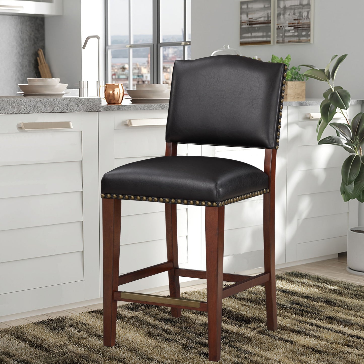 Danbers - Stationary Counter Stool With Nail Heads - Dark Brown