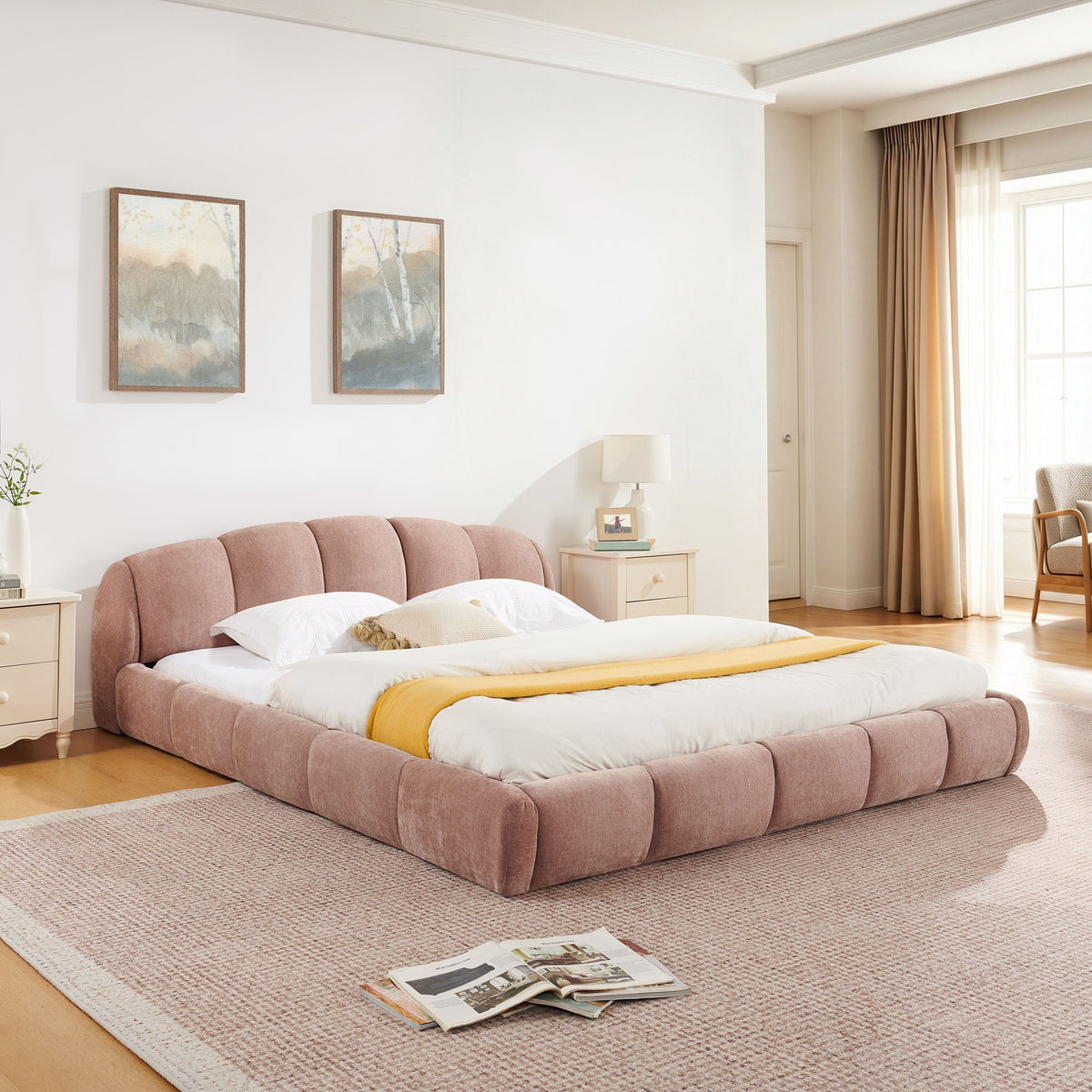 Upholstered Platform Bed Frame, Low Profile Floor Bed, No Box Spring Required