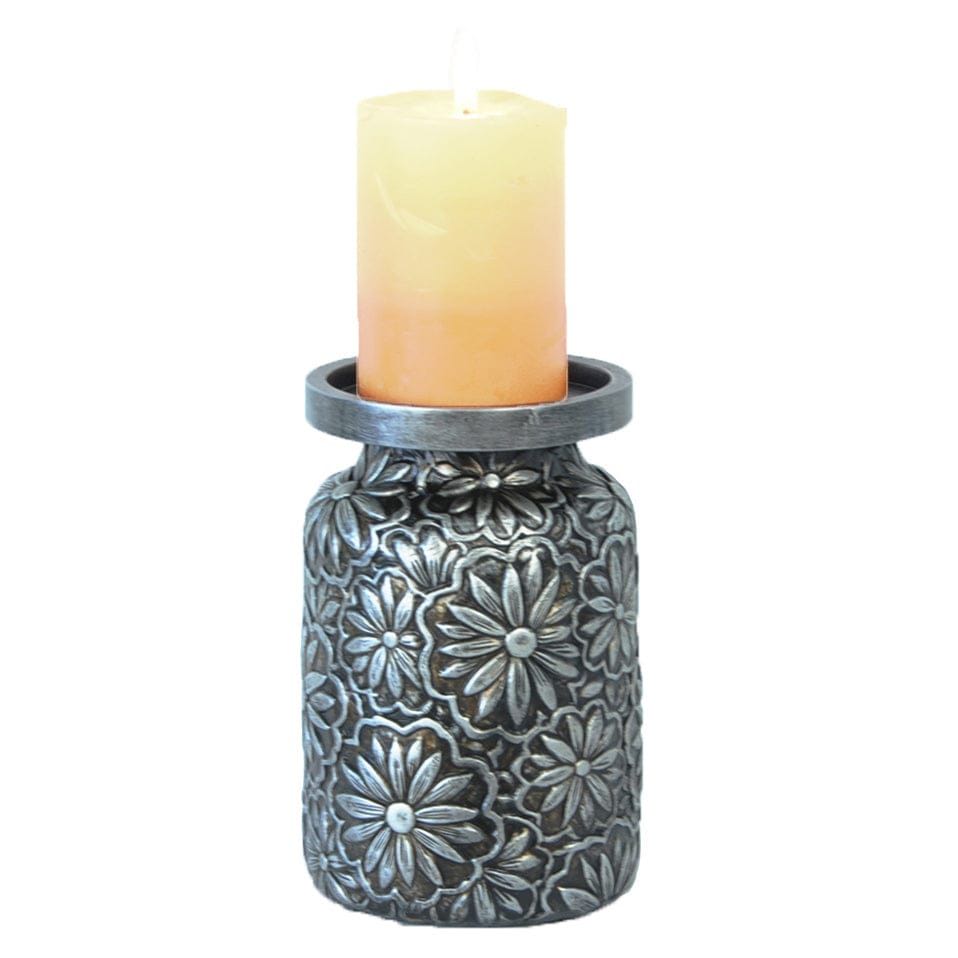 Candle Holder - Faux Metal Embossed Flower Pillar Candle Holder, 2 Per Carton - Silver
