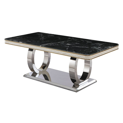 Luxury Modern Dining Table With Faux Marble Top And Dual Circle Base - Black