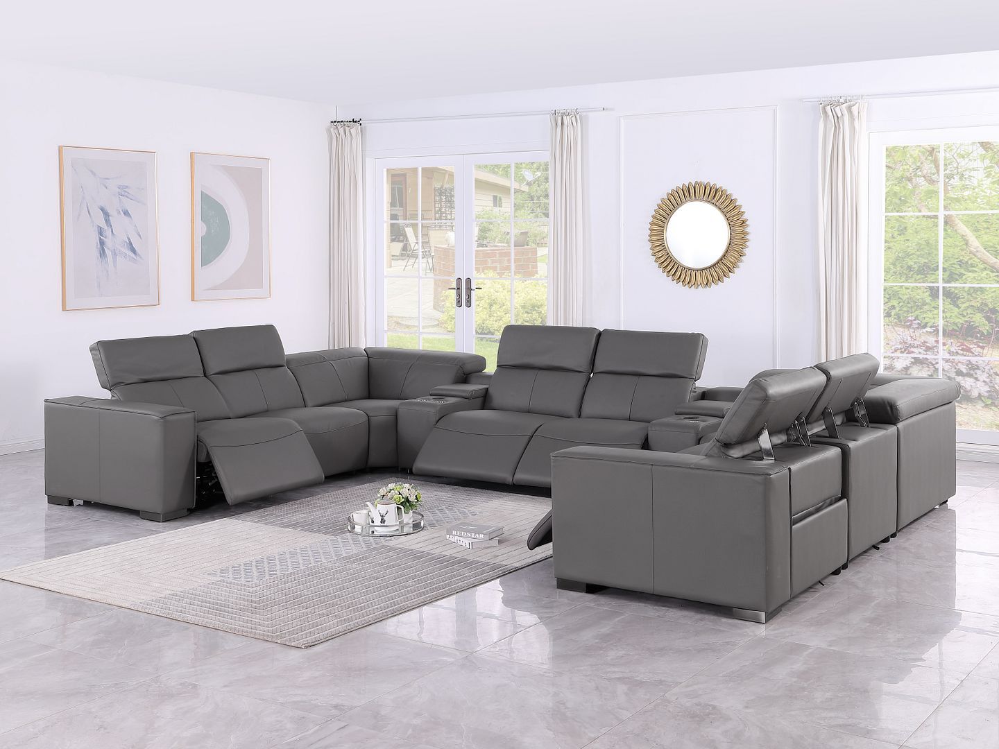 1208 - 10 Piece U Shaped Leather Sectional With 4 Power Recliners & Power Headrest
