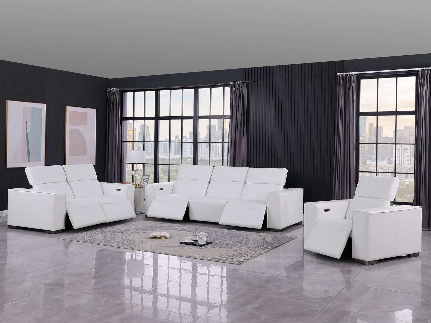 1208 - Leather Reclining Set (Sofa, Loveseat & Chair With 5 Power Recliners)