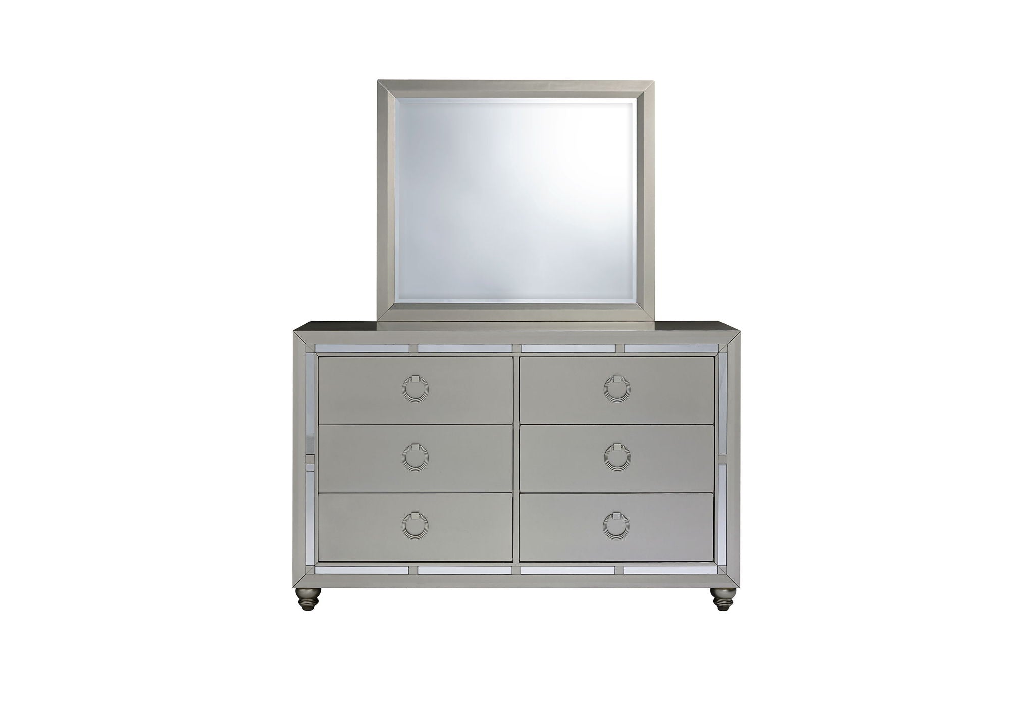 Riley - 6 Piece King Bedroom Set (Bed, 2 Dressers, Mirror, 2 Nightstands) - Silver
