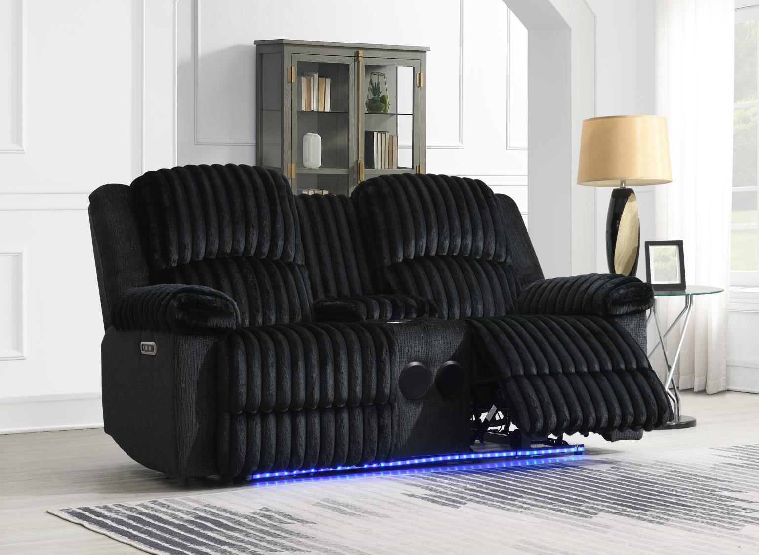 U161 - Corduroy Power LED Reclining Loveseat With Bluetooth Speaker - Black