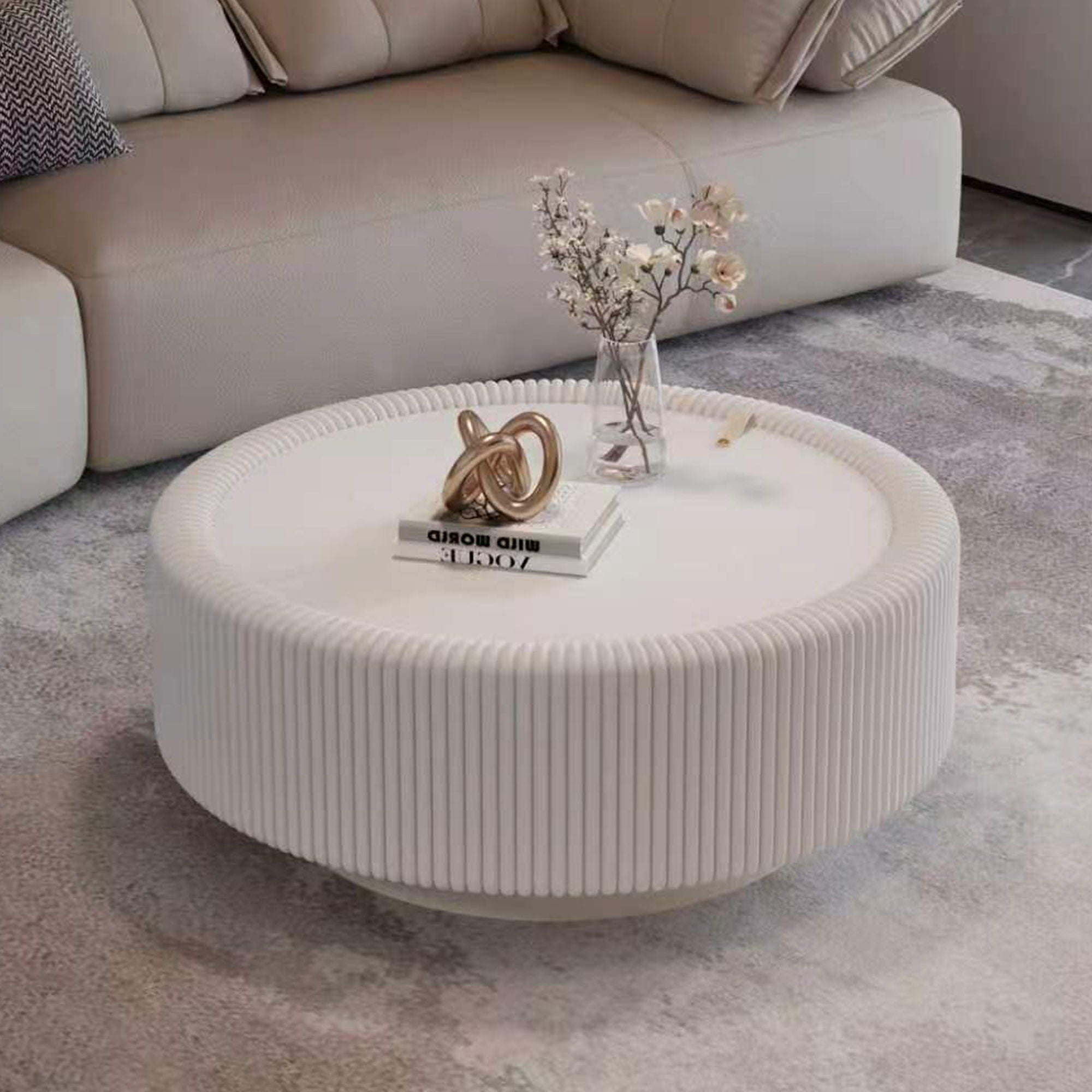 Round Fluted Coffee Table, Base & Hidden Storage - Snow White