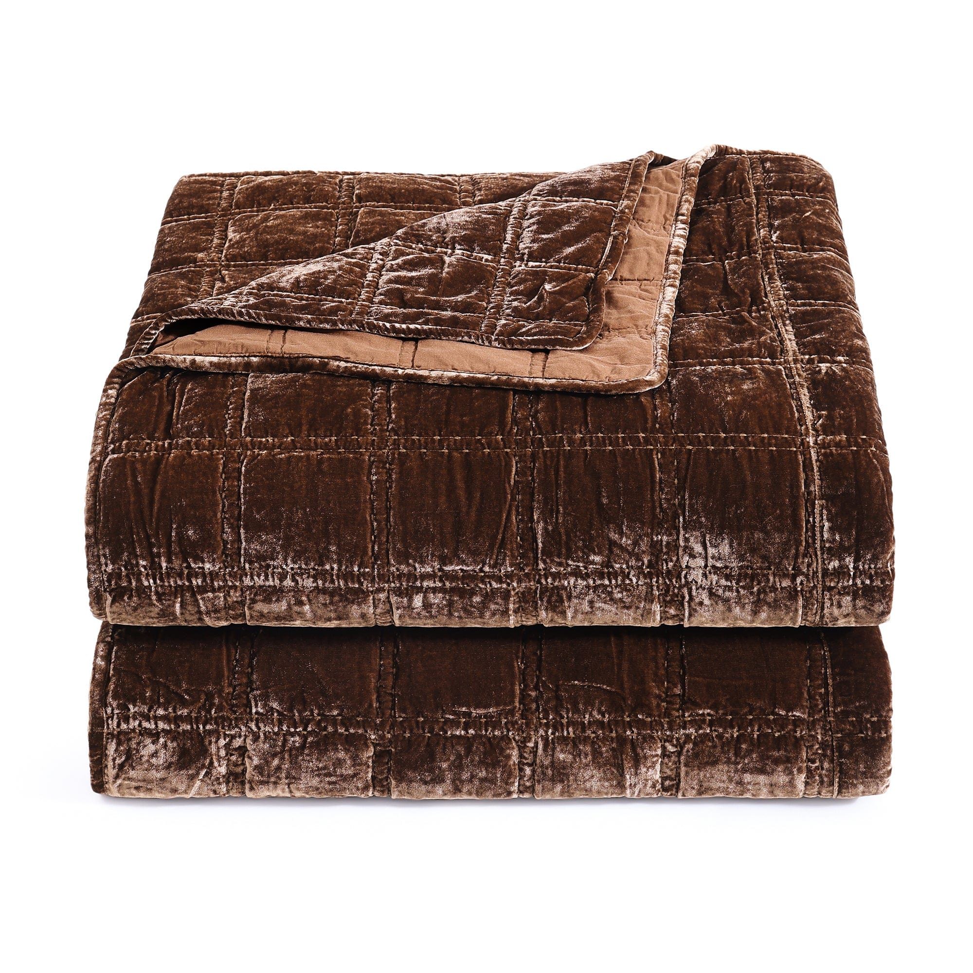 Stella - King Faux Silk Velvet Double Box Stitch Quilt Set (Set of 3) - Copper Brown