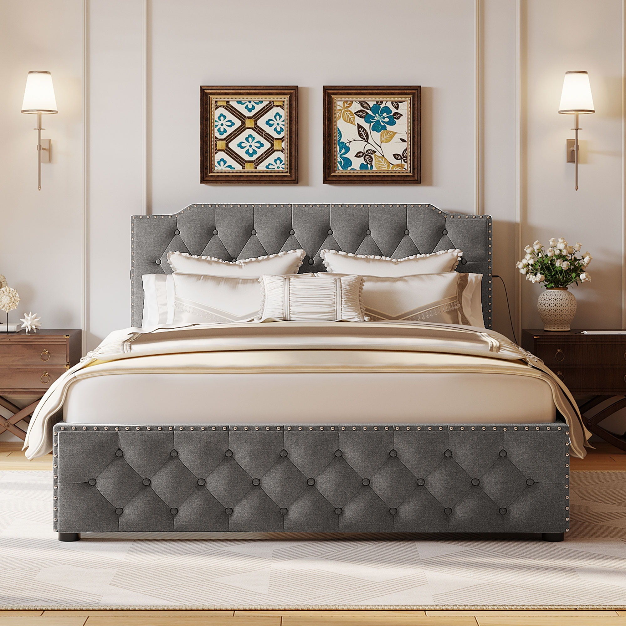 Upholstered Platform Bed With 2 Drawers And 2 Sets Of USB Ports On Each Side, Fabric