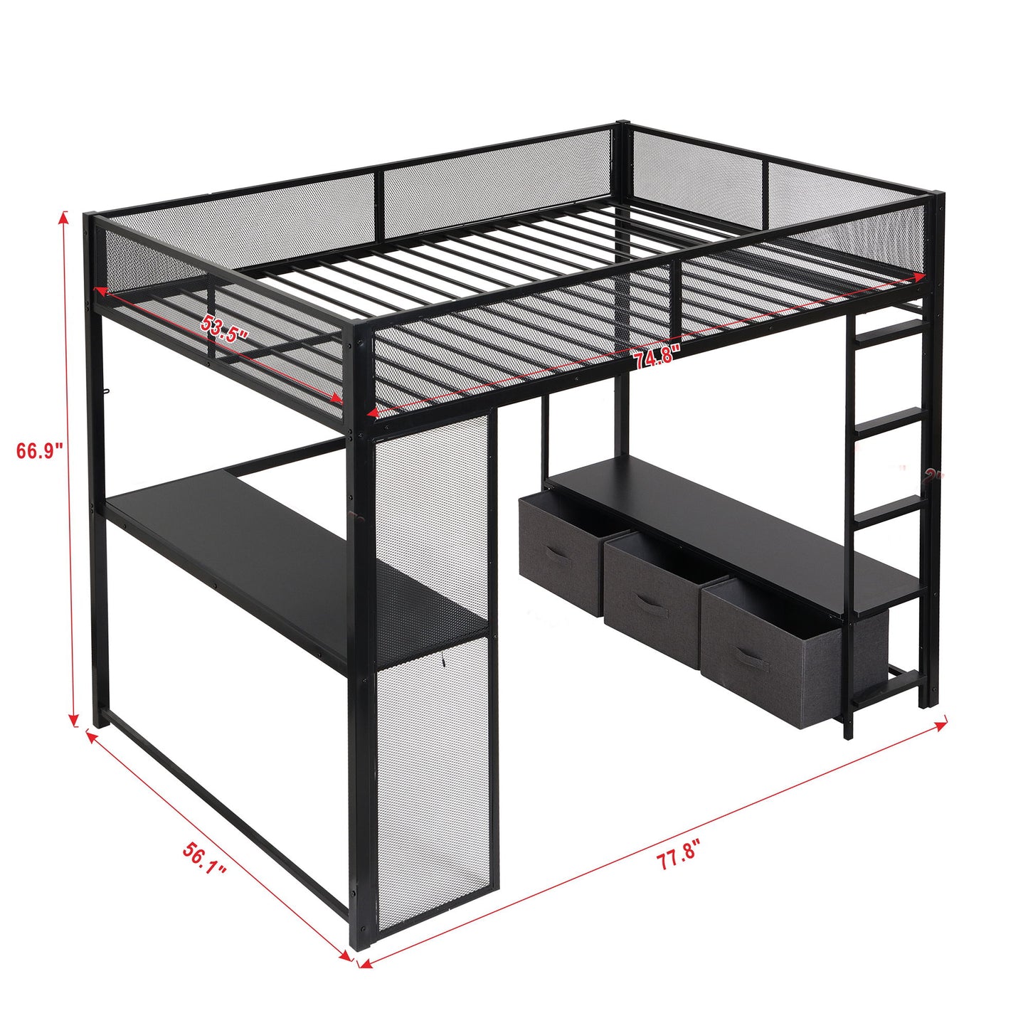 Full Size Gaming Loft Bed With LED Desk, Open Wardrobe, 3 Linen Storage Drawers - Black