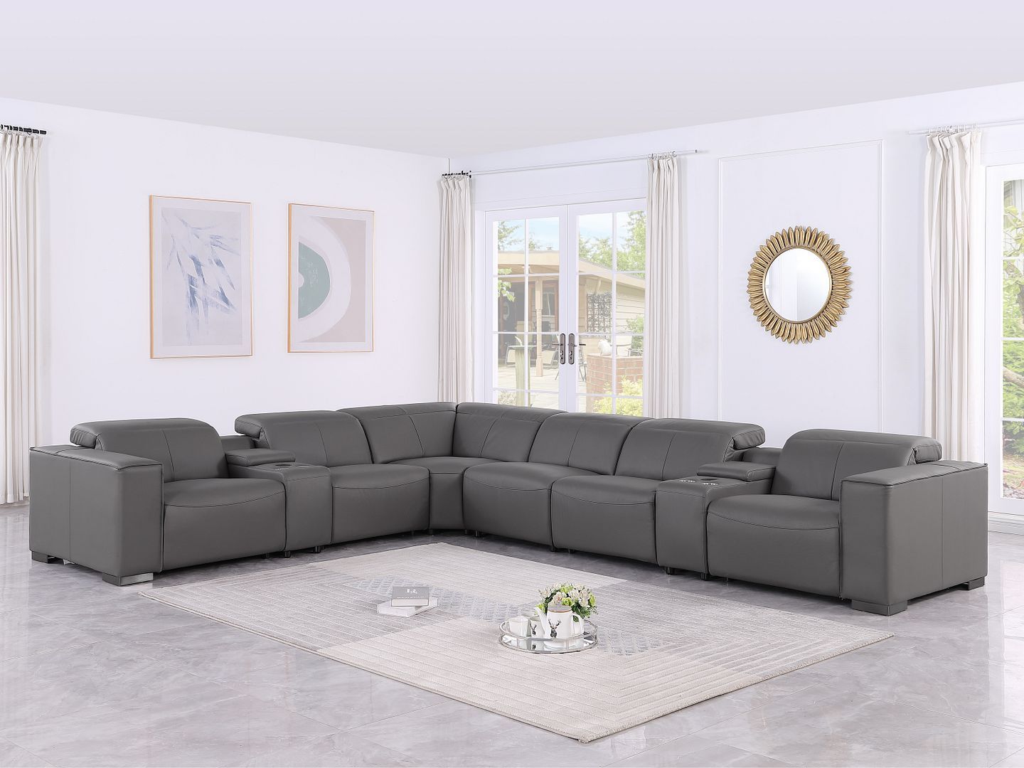 1208 - 8 Piece L Shaped Leather Sectional With 3 Power Recliners & Power Headrests