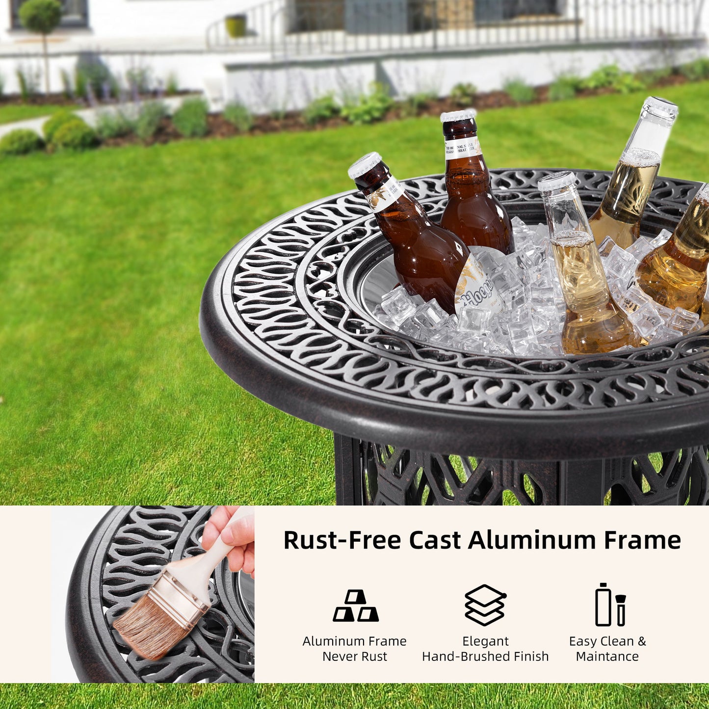 Side Table With Removable Ice Bucket, Hand Brushed Finish, Food Grade Bucket For Indoor & Outdoor Use - Antique Bronze