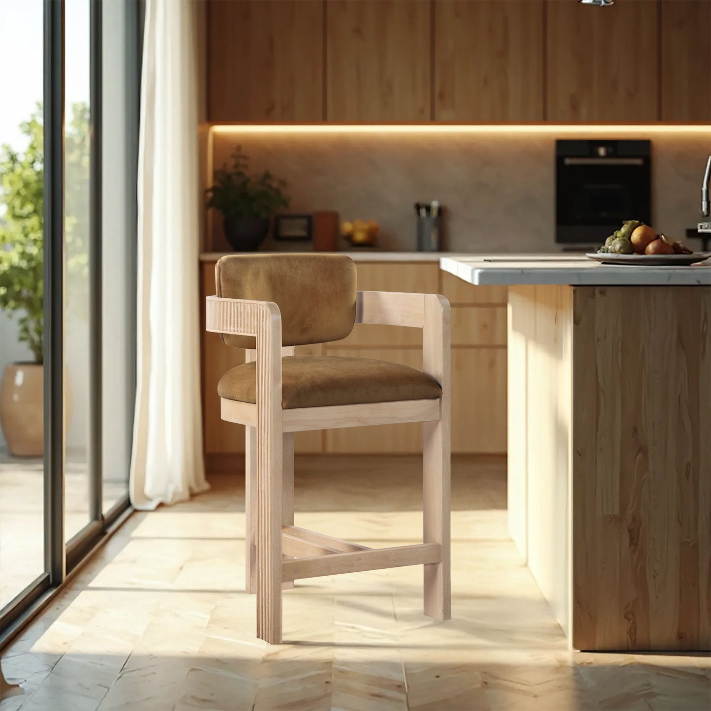 Sacha - Velvet Stool With Natural Base - Saddle