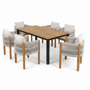 7 Piece Outdoor Dining Set With Table And 6 Chairs - Beige / Teak / White