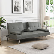 Sofa Bed With Armrest Two Holders Wood Frame, Stainless Leg Futon - Gray