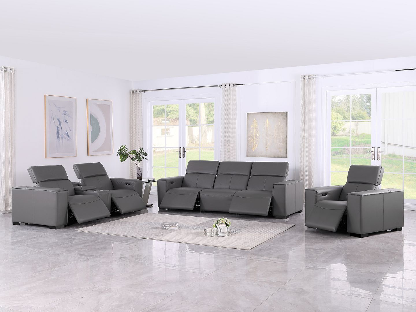 1208 - Modular Leather Set With 5 Power Recliners & Power Headrests