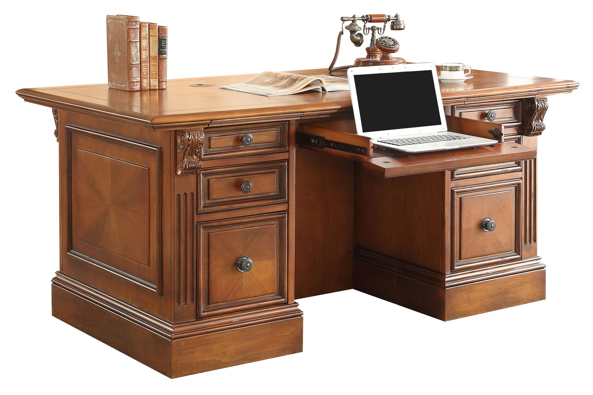 Huntington - Double Pedestal Executive Desk - Antique Vintage Pecan