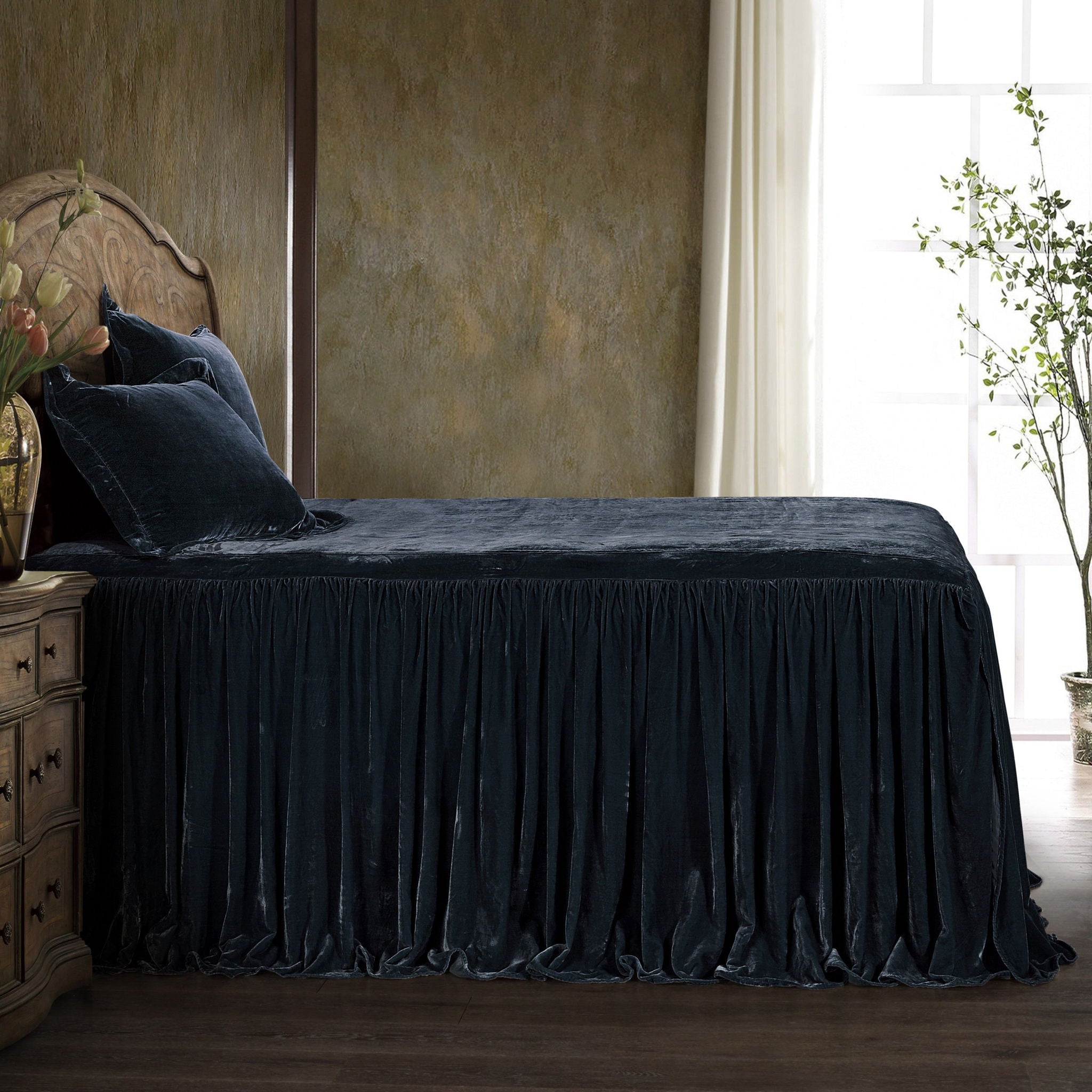 Stella - Twin Faux Silk Velvet Bedspread Set (Set of 2) - Midnight Blue