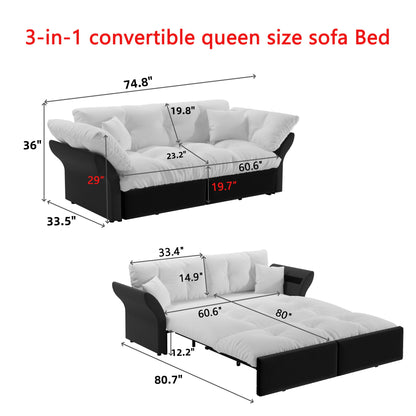 Queen Pull Out, 3 In 1 Convertible Sleeper Tufted Sofa & 2 Soft Pillows
