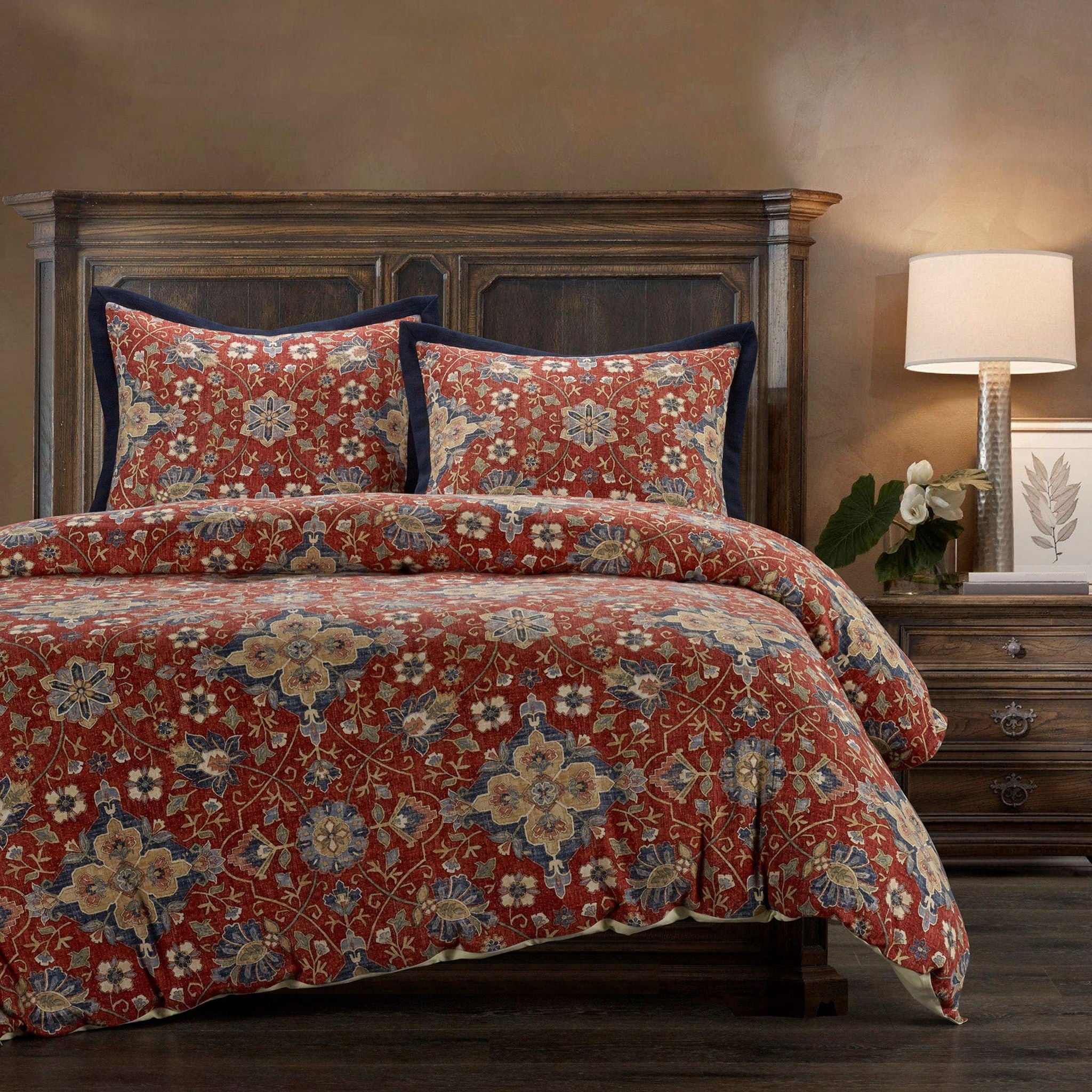 Melinda - King Washed Linen Duvet Cover Set (Set of 3) - Red / Navy