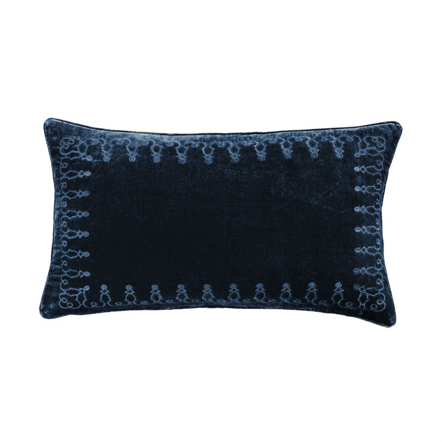 Stella - Faux Silk Velvet Embroidered Lumbar Pillow - Midnight Blue