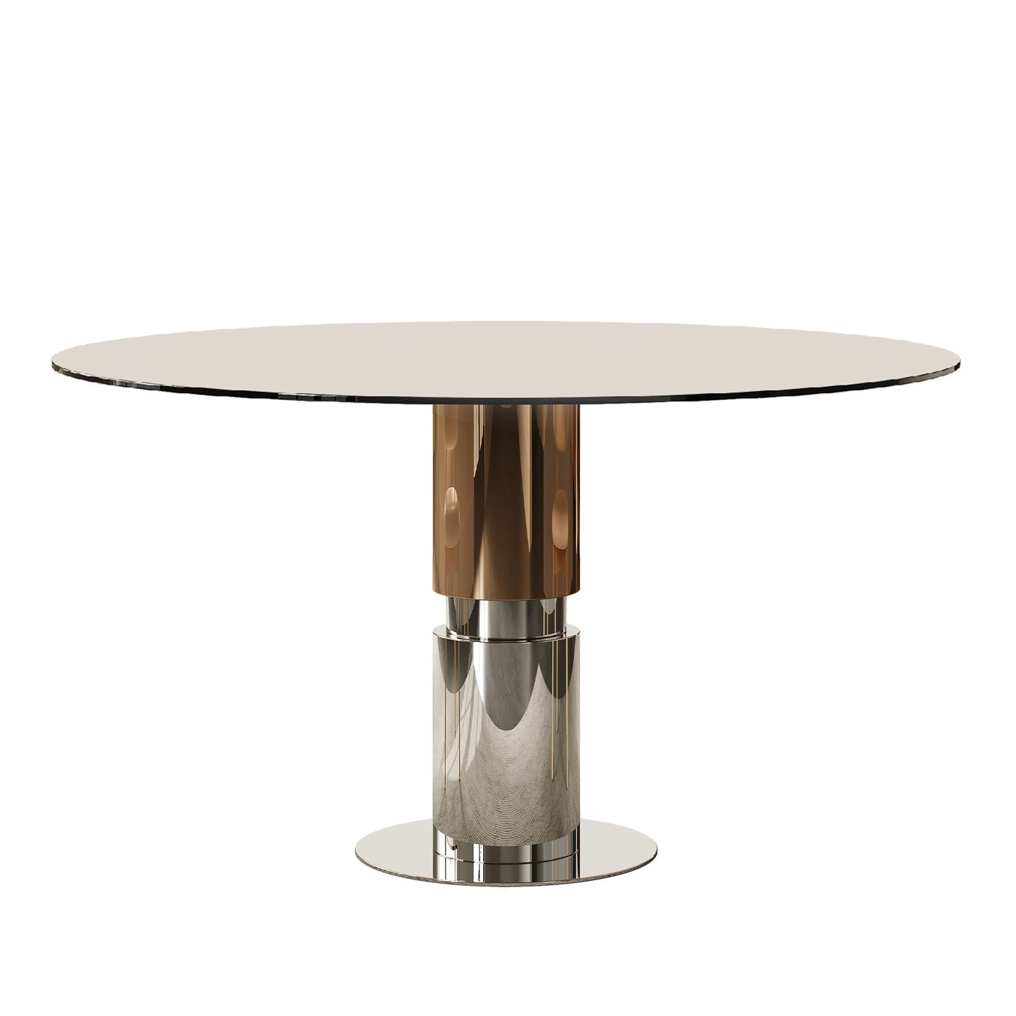 Round Glass Dining Table With Stainless Steel Legs And Chairs