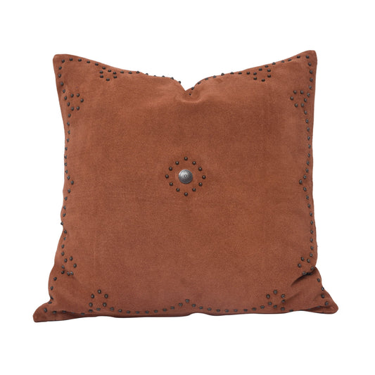 Western Suede Pillow - Western Suede Antique Silver Concho & Studded Pillow - Tobacco