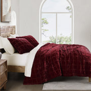 Stella - King Faux Silk Velvet Double Box Stitch Quilt Set (Set of 3) - Garnet Red