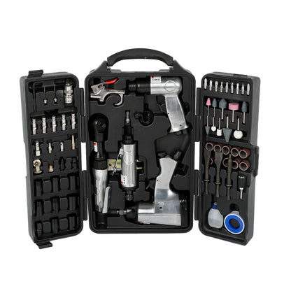 71 Piece Air Tool And Accessories Kit, Impact Wrench, Air Ratchet, Die Grinder, Aire Hammer, Hose Fittings, Storage Case - Black / Silver