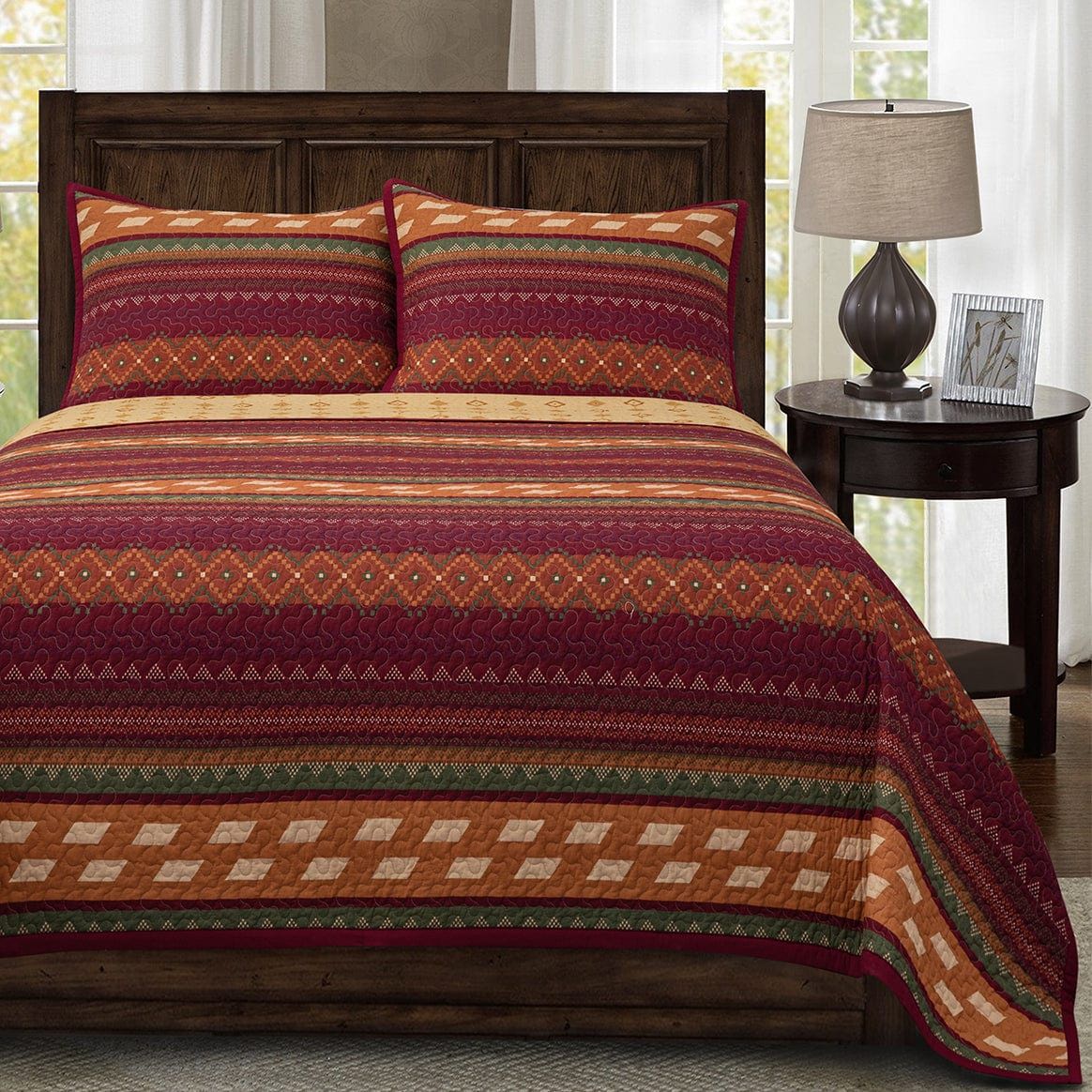 Solace - Full/Queen Reversible Quilt Set (Set of 3) - Red / Orange / Brown