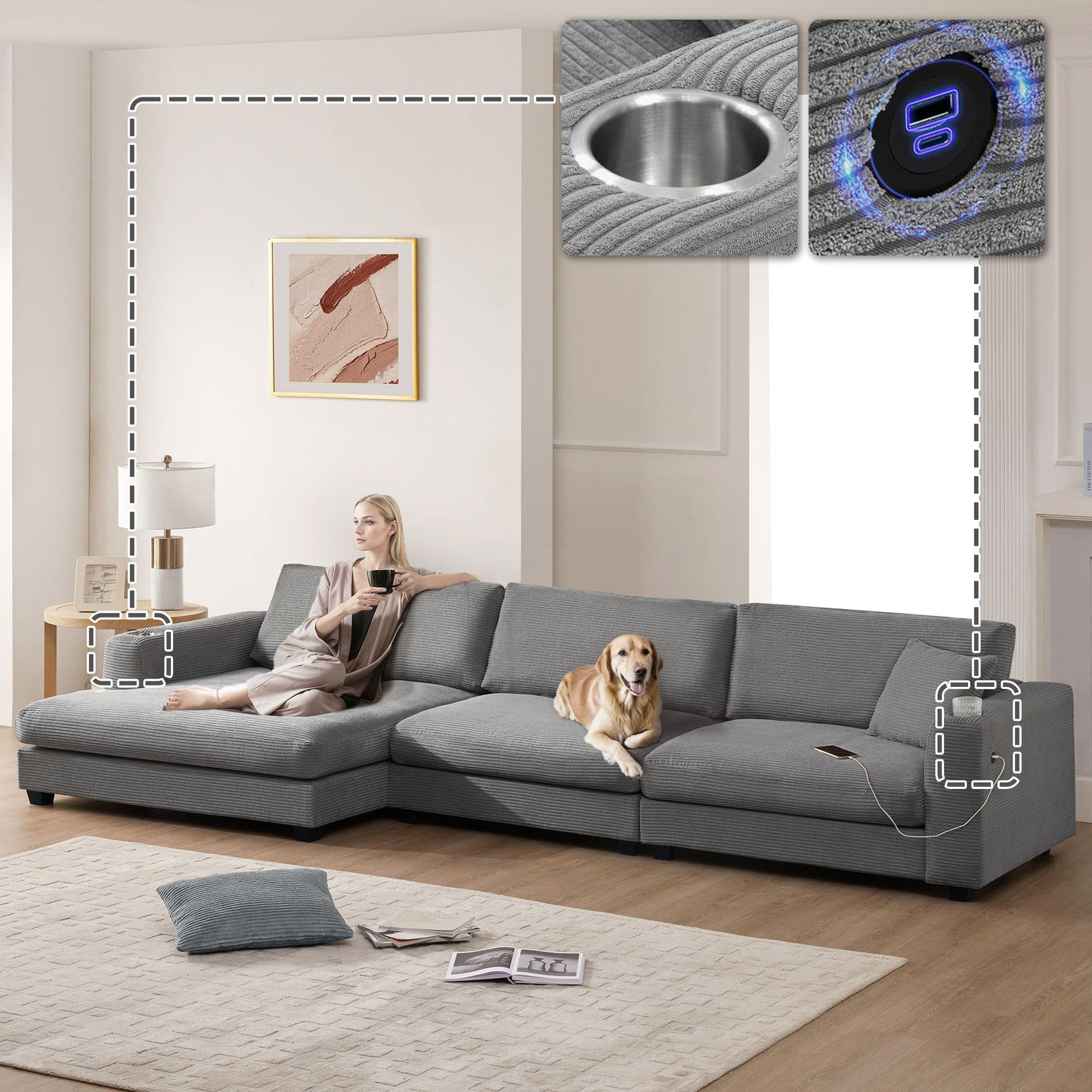Oversized Sectional L Shaped Cloud Couch With USB Charging Port Cup Holder Deep And Wide Seat Sofa With Chaise Comfy