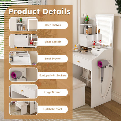 LED Vanity Mirror With Stool, 2 Drawers & 5 Storage Cabinets, Adjustable Lighting Mdf Dressing Table For Bedroom - White