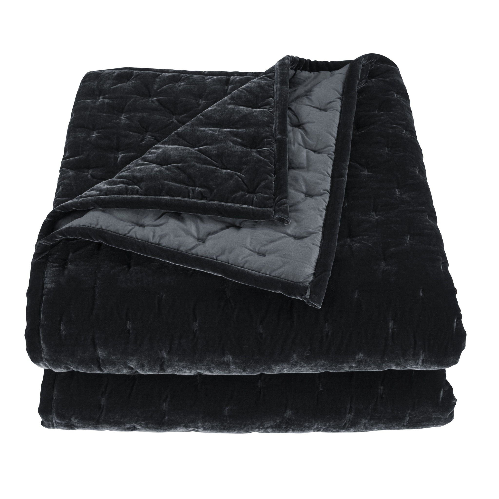Stella - Full/Queen Faux Silk Velvet Pintuck Quilt - Black