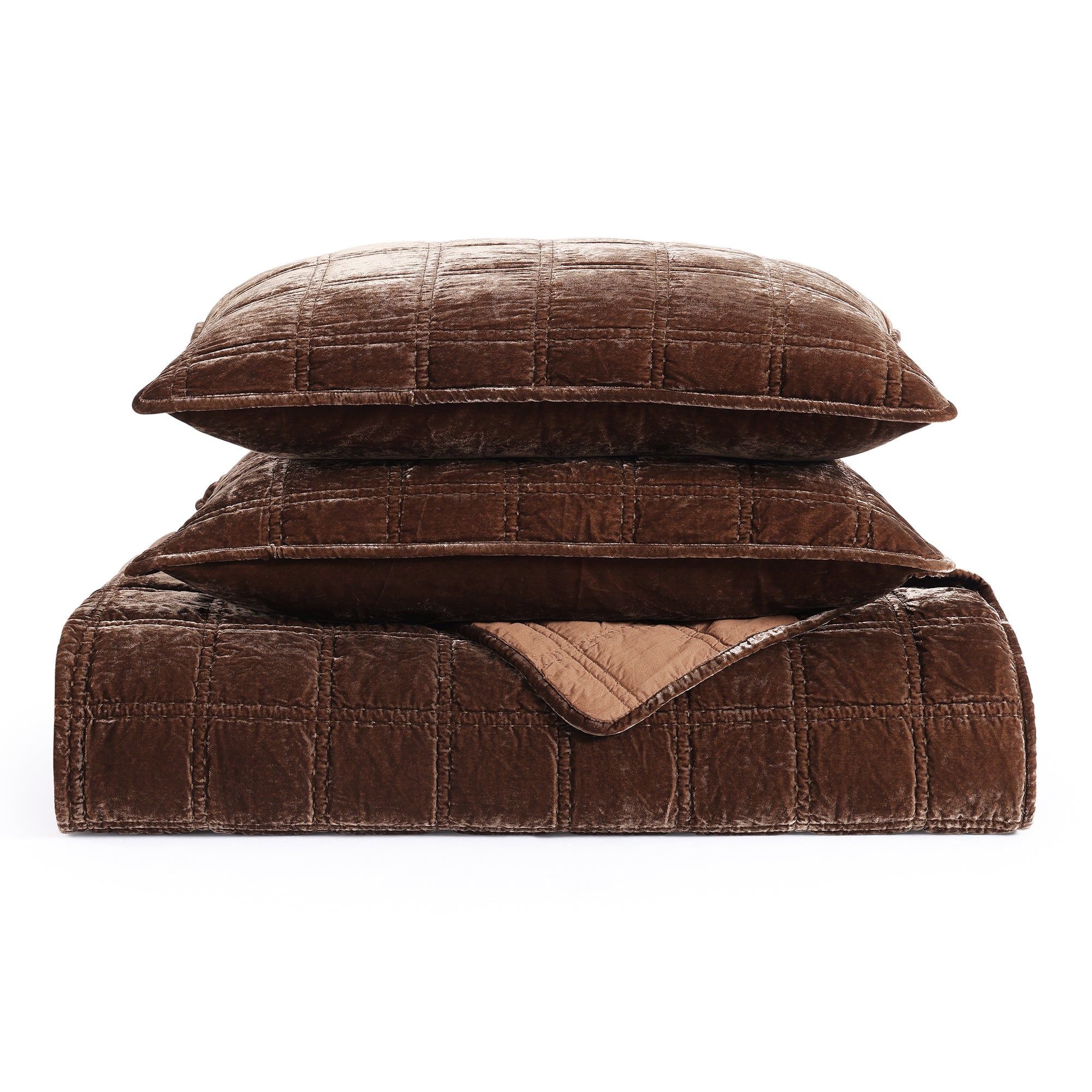 Stella - Full/Queen Faux Silk Velvet Double Box Stitch Quilt Set (Set of 3) - Copper Brown