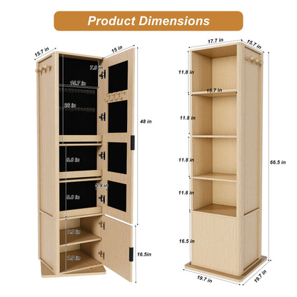 360 Degrees Rotating Makeup Cabinet With Full Length Mirror, Jewelry Storage, 4 Open Shelves, 2 Built In Shelves - Walnut