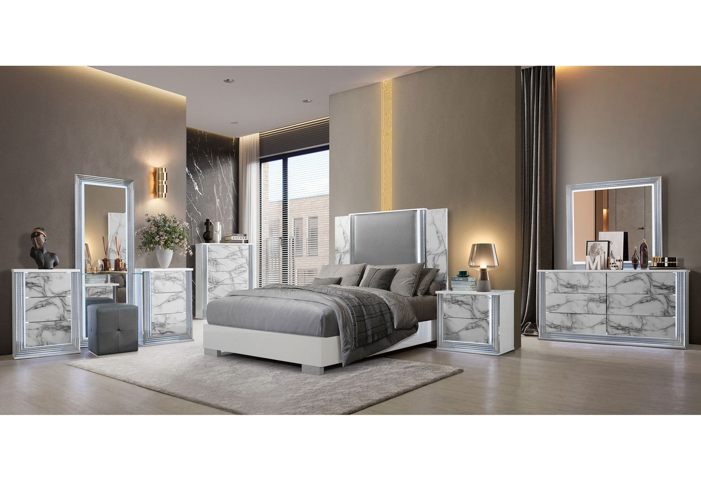 Ylime - 7 Piece King Marble Bedroom Set With Vanity Set - White