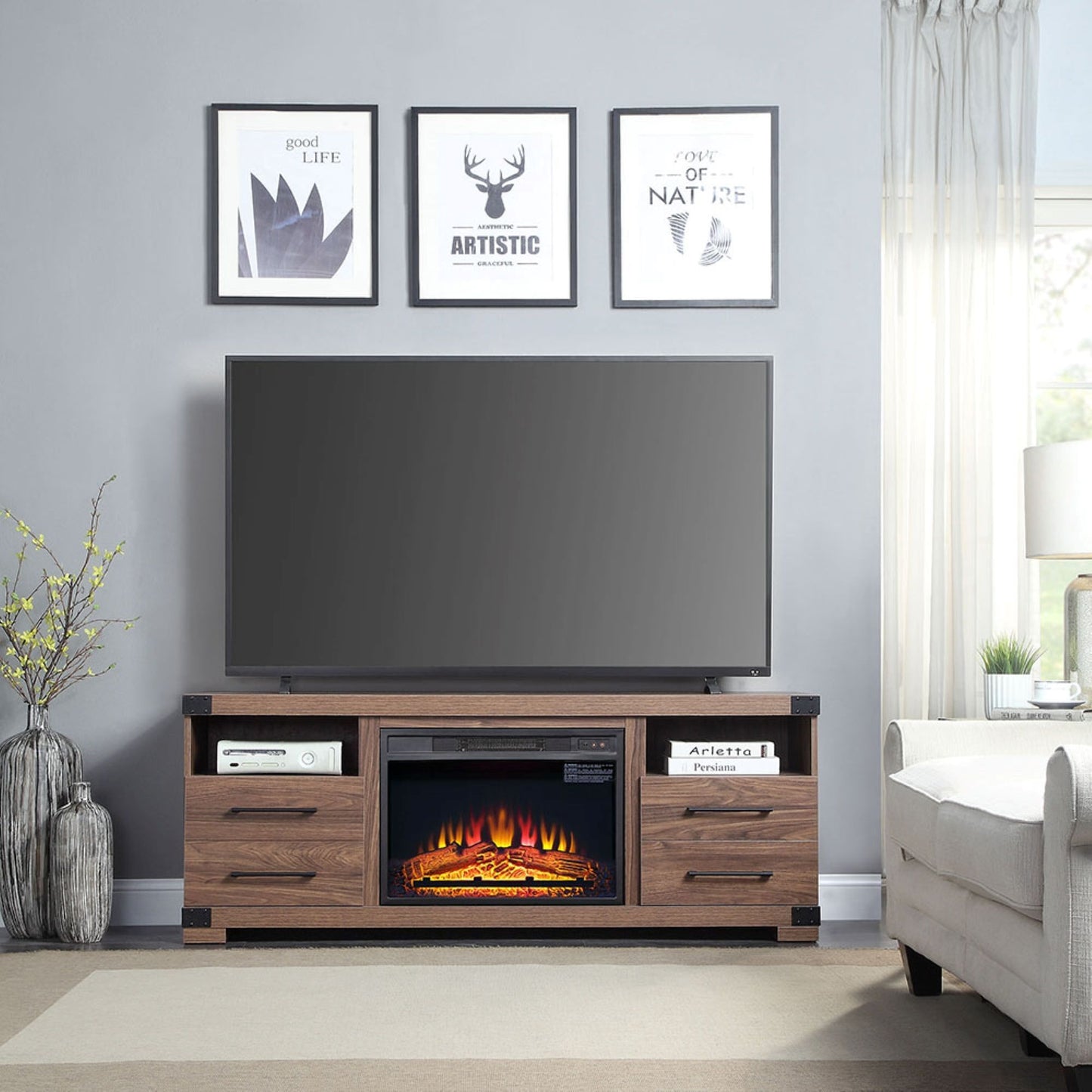 Electric Fireplace With Remote Control For Indoor Heating - Black