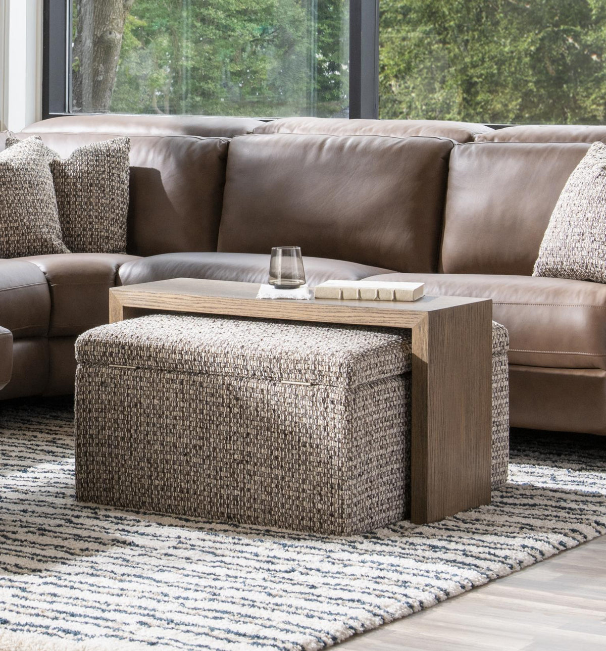Solana - Square Storage Ottoman With Wood Top Overlay - Cobblestone