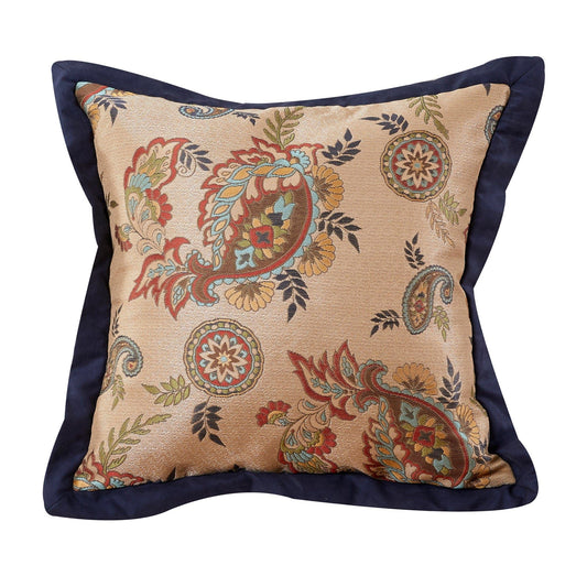 Tammy - Flanged Paisley Square Pillow - Gold / Navy / Red