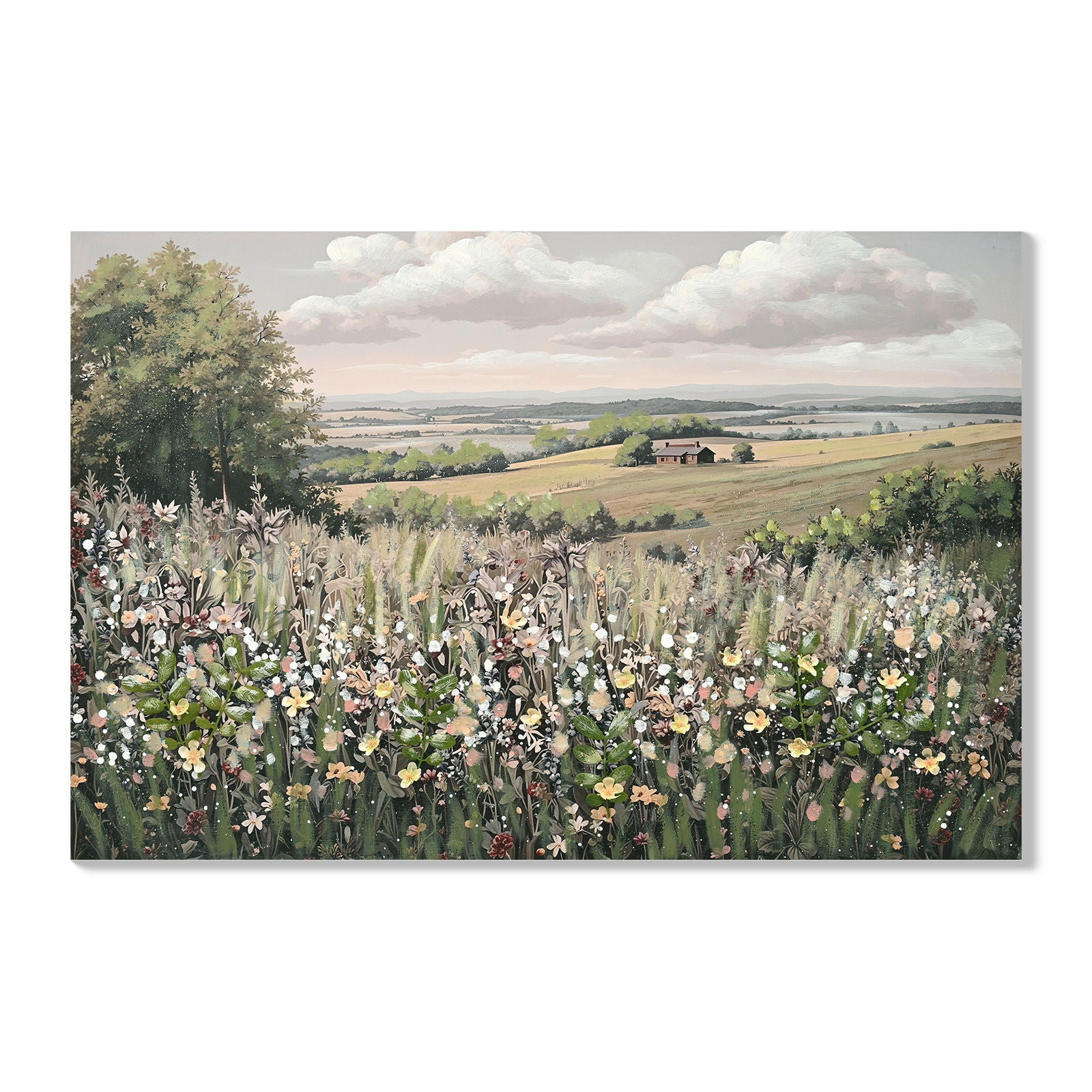 Framed Canvas Wall Art Vintage Decor, Landscape Wall Art - Green / Ivory