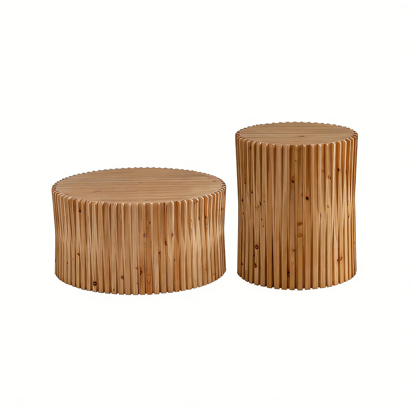 Cylindrical Coffee Table With Vertical Texture Relief For Living Room (Set of 2) - Natural