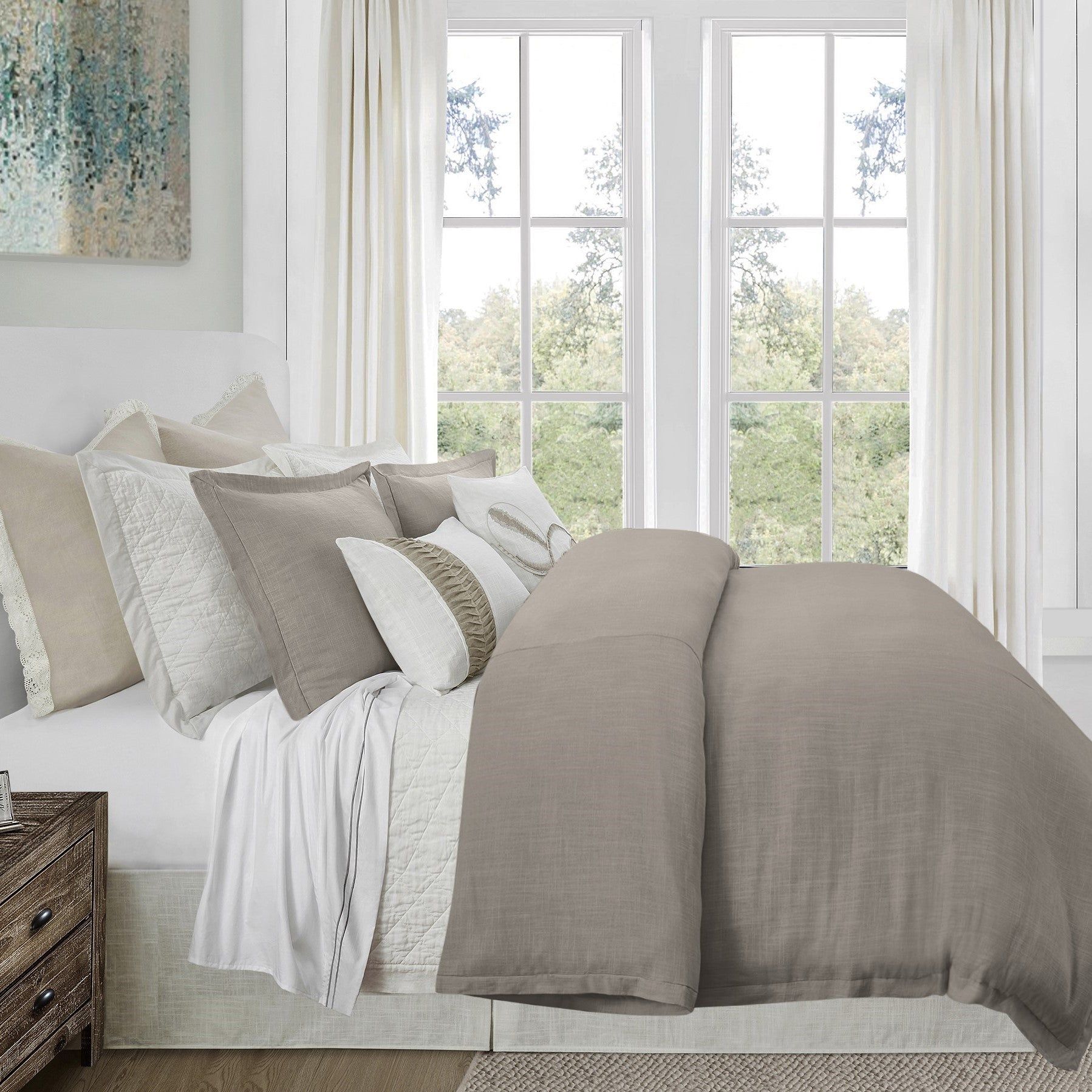 Hera - Queen Washed Linen Flange Duvet Cover Set (Set of 3) - Taupe