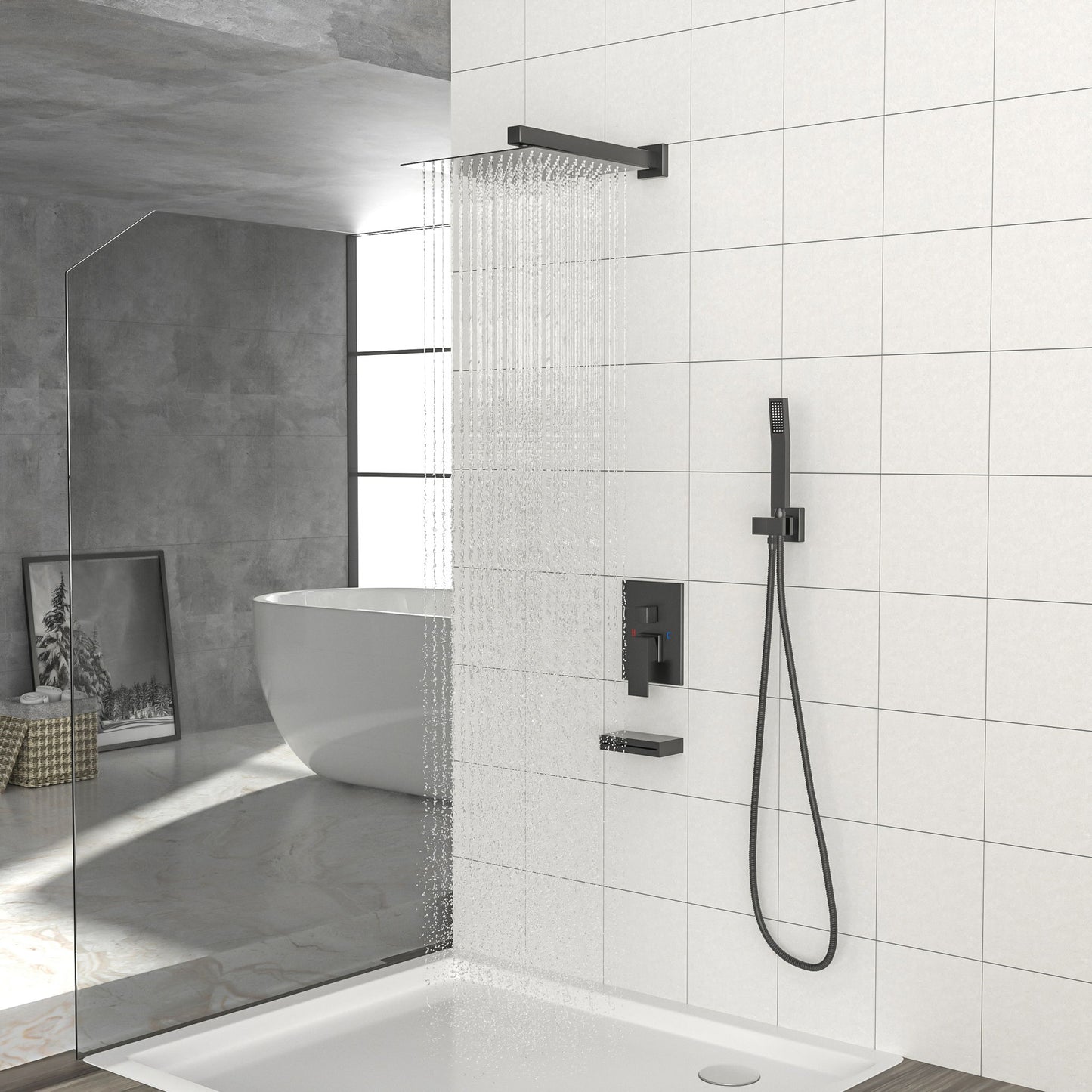 12" Ceiling Mount Square Shower System With Waterfall Tub Spout And Handheld Shower