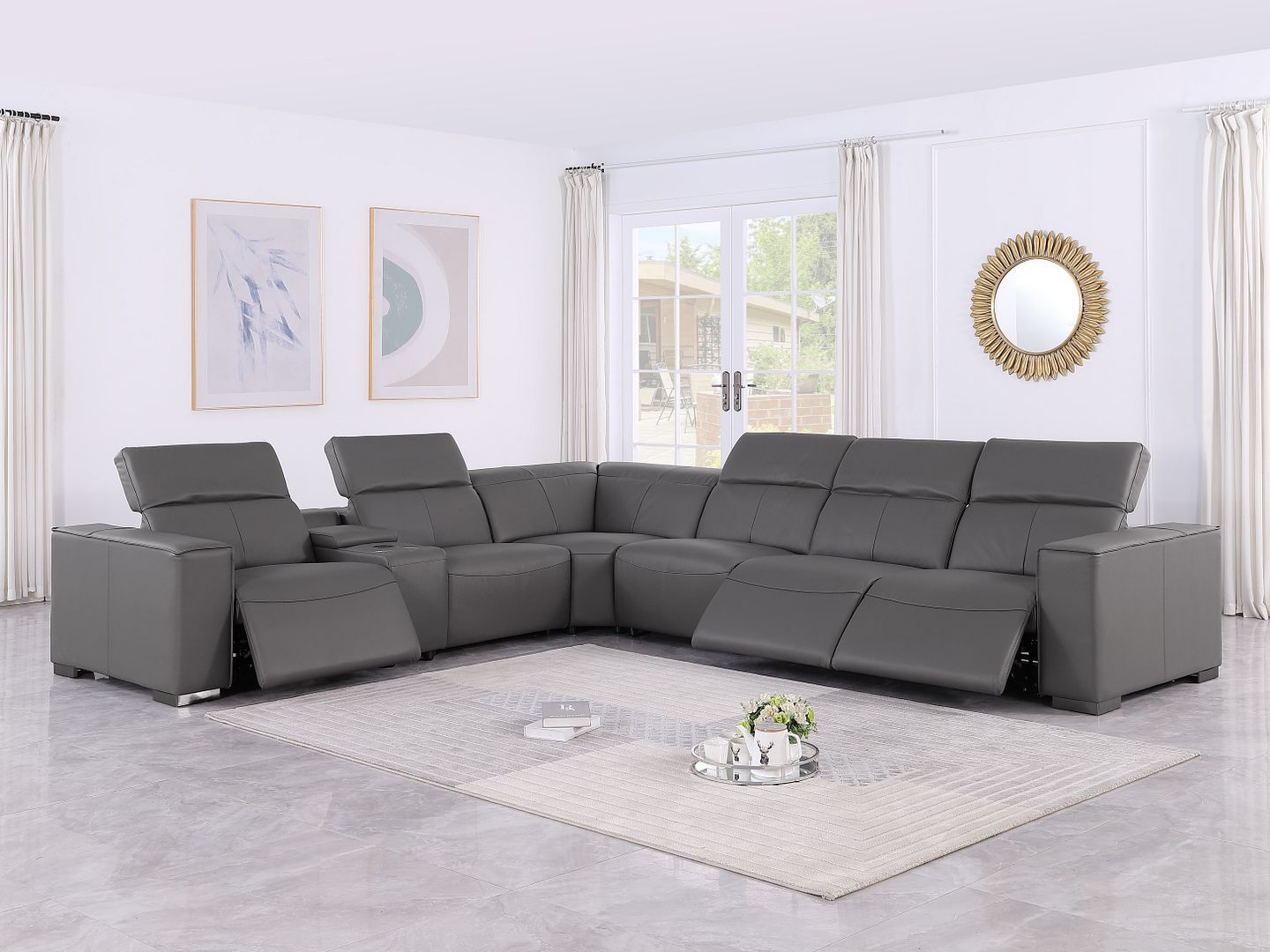 1208 - 7 Piece L-Shaped Leather Reclining Sectional With 3 Power Recliners