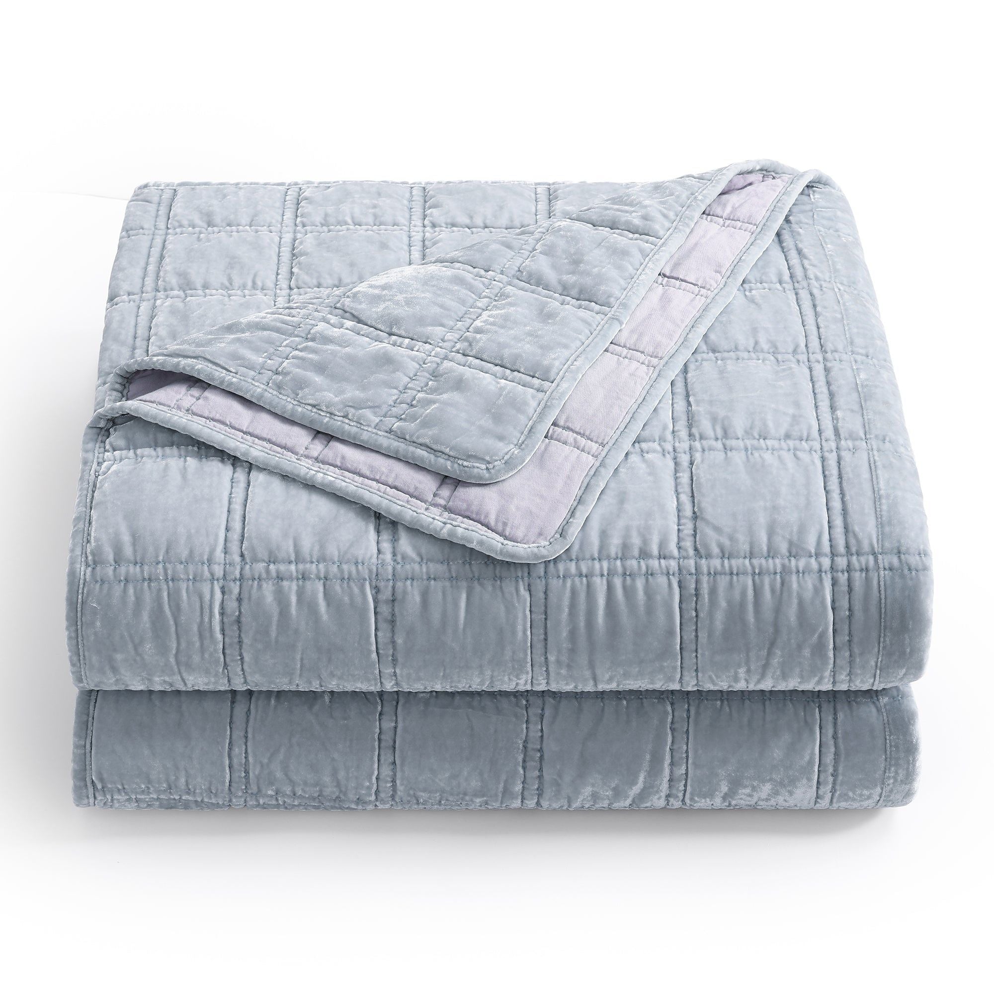 Stella - Full/Queen Faux Silk Velvet Double Box Stitch Quilt Set (Set of 3) - Icy Blue