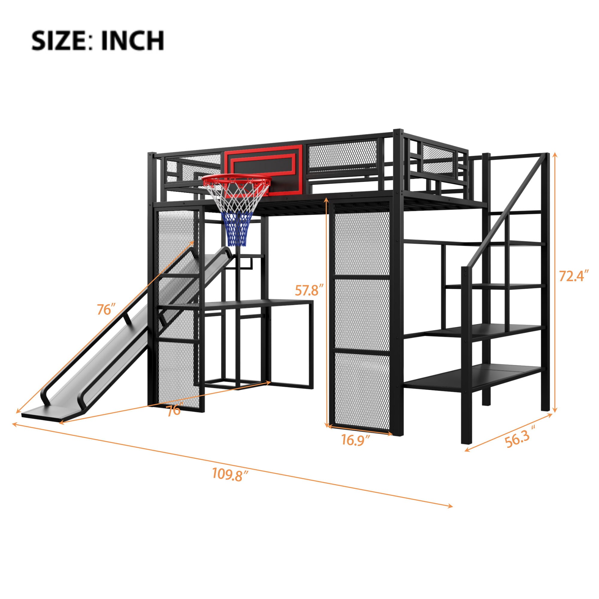 Loft Bed With Built In Desk, Open Wardrobe, Basketball Hoop, Slide And Staircase