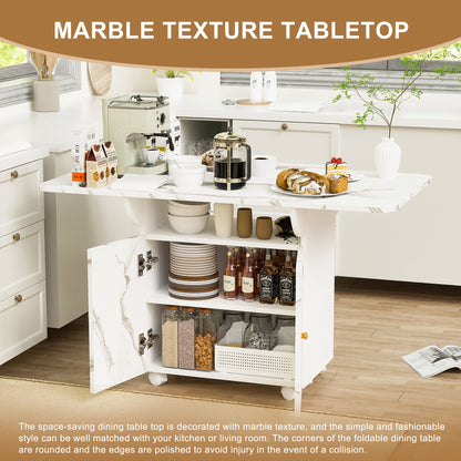 Versatile Marble Folding Dining Table With Storage Rack And Cabinet, 6 Wheels - White